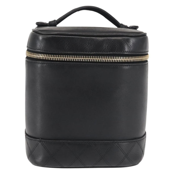 CHANEL Bicolore Vanity Pouch Lamb Skin Black Gold CC Auth 145355