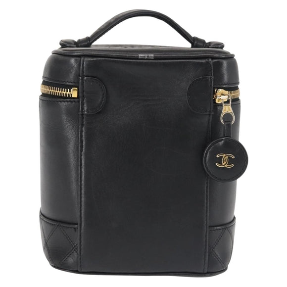 CHANEL Bicolore Vanity Pouch Lamb Skin Black Gold CC Auth 145355