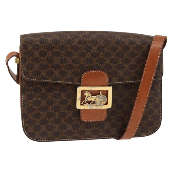 CELINE Macadam Canvas Horse Carriage Shoulder Bag PVC Brown Gold Auth 145468