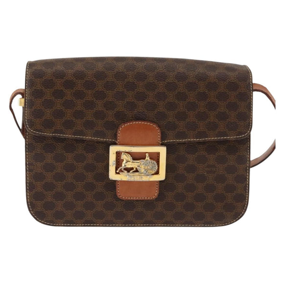 CELINE Macadam Canvas Horse Carriage Shoulder Bag PVC Brown Gold Auth 145468
