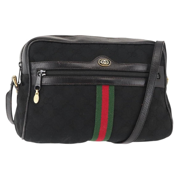GUCCI GG Canvas Web Sherry Line Shoulder Bag Black Gold Red Auth 145483