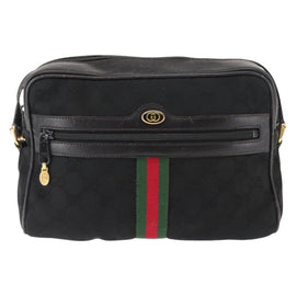 GUCCI GG Canvas Web Sherry Line Shoulder Bag Black Gold Red Auth 145483 - 0