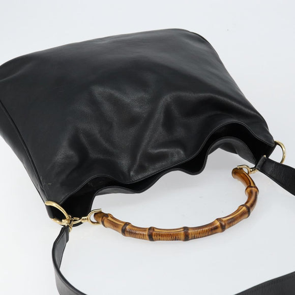 GUCCI Bamboo Hand Bag Leather 2way Black Gold 001 2058 1577 0 Auth 145485
