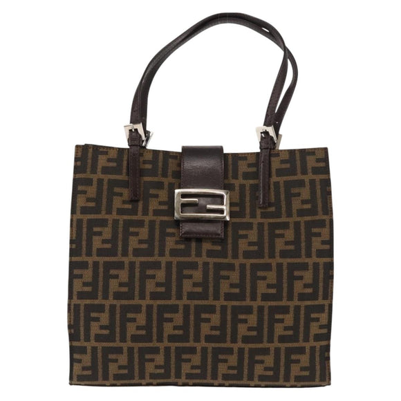 FENDI Zucca Canvas Mamma Baguette Tote Bag Black Silver Brown Auth 145493