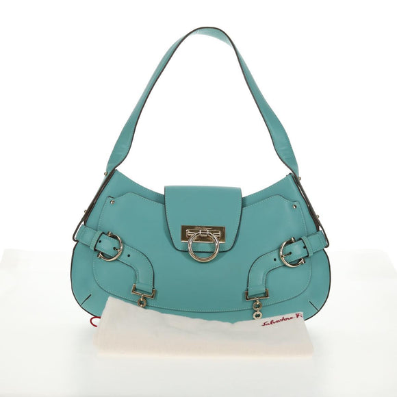 Salvatore Ferragamo Gancini Bag Leather Turquoise Blue Gold Auth 145501V