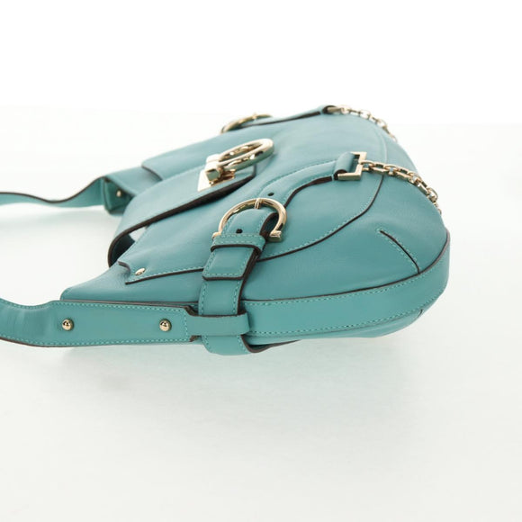 Salvatore Ferragamo Gancini Bag Leather Turquoise Blue Gold Auth 145501V