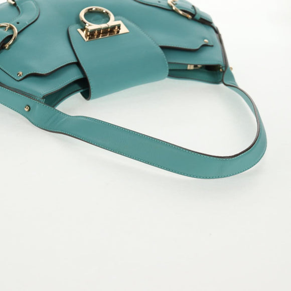 Salvatore Ferragamo Gancini Bag Leather Turquoise Blue Gold Auth 145501V