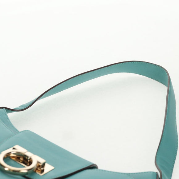Salvatore Ferragamo Gancini Bag Leather Turquoise Blue Gold Auth 145501V