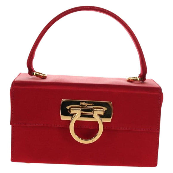 Salvatore Ferragamo Gancini Hand Bag Satin Red Gold Auth 145507V