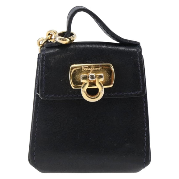 Salvatore Ferragamo Gancini Charm Leather Navy Gold Auth 145546
