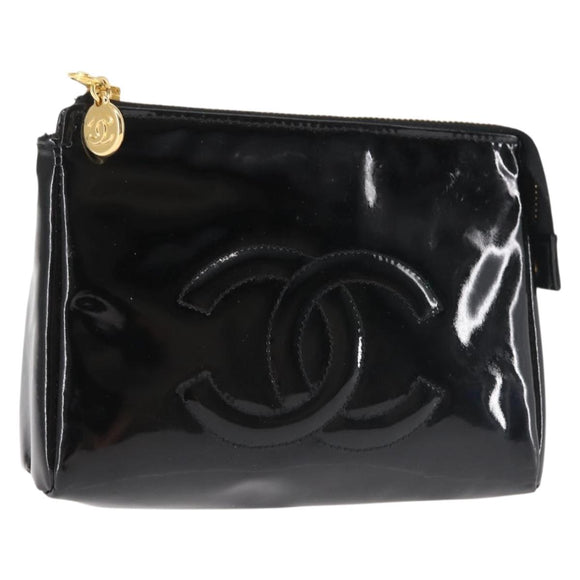 CHANEL Pouch Enamel Black Gold CC Auth 145547