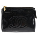 CHANEL Pouch Enamel Black Gold CC Auth 145547-13