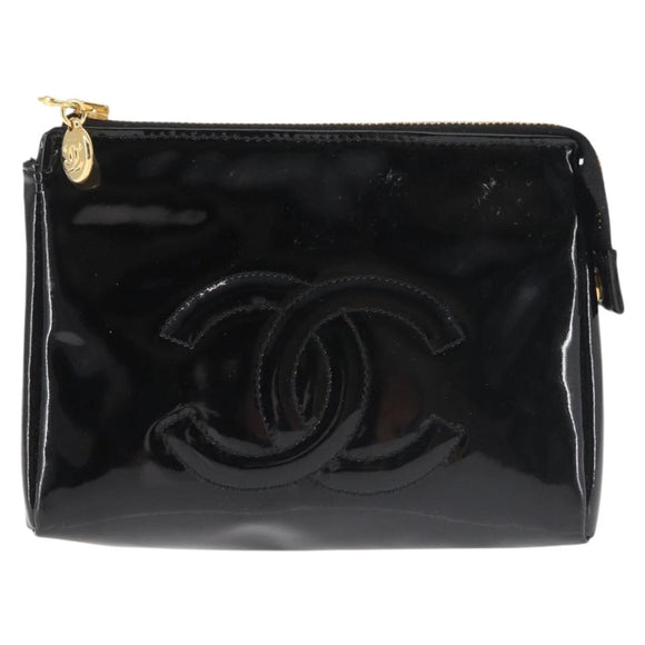 CHANEL Pouch Enamel Black Gold CC Auth 145547