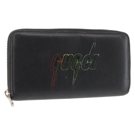 GUCCI Blade Embroidery Long Wallet Leather Silver Black 597677 Auth 145572