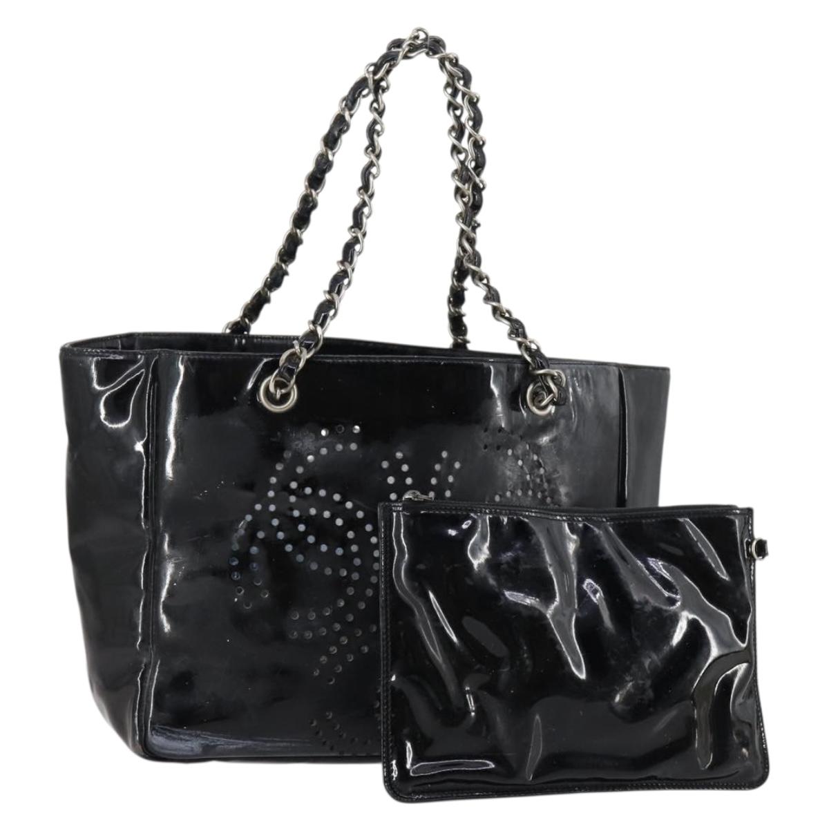 CHANEL Punching Chain Shoulder Bag Patent leather Black CC Auth