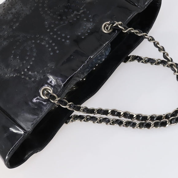 CHANEL Punching Chain Shoulder Bag Patent leather Black CC Auth 145573