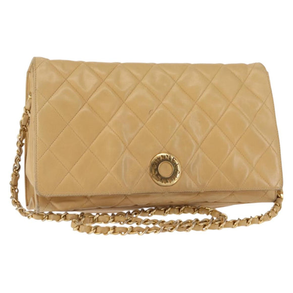 CHANEL Matelasse Chain Shoulder Bag Lamb Skin Beige Gold CC Auth 145574