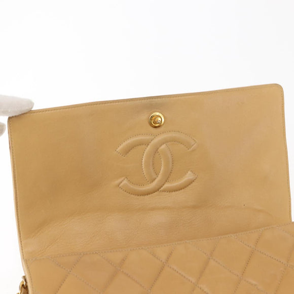 CHANEL Matelasse Chain Shoulder Bag Lamb Skin Beige Gold CC Auth 145574