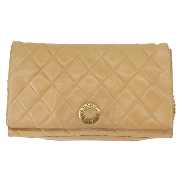 CHANEL Matelasse Chain Shoulder Bag Lamb Skin Beige Gold CC Auth 145574