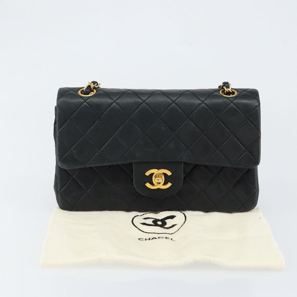 CHANEL Matelasse Chain Shoulder Bag Lamb Skin Black Gold CC Auth 145577AV