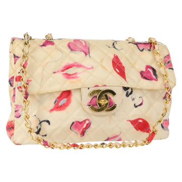 CHANEL Matelasse 34 Chain Shoulder Bag Vinyl coating Beige Gold CC Auth 145579V