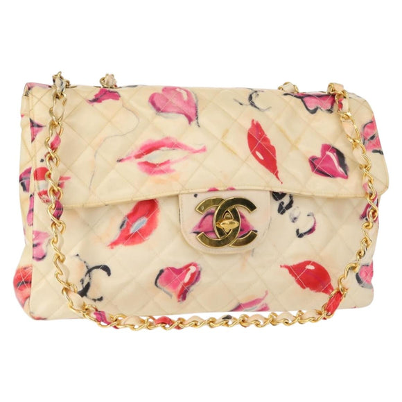 CHANEL Matelasse 34 Chain Shoulder Bag Vinyl coating Beige Gold CC Auth 145579V