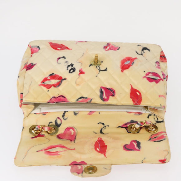 CHANEL Matelasse 34 Chain Shoulder Bag Vinyl coating Beige Gold CC Auth 145579V