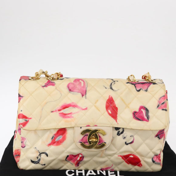 CHANEL Matelasse 34 Chain Shoulder Bag Vinyl coating Beige Gold CC Auth 145579V
