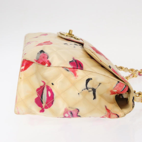 CHANEL Matelasse 34 Chain Shoulder Bag Vinyl coating Beige Gold CC Auth 145579V