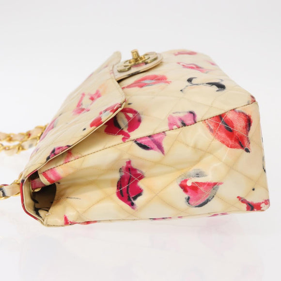 CHANEL Matelasse 34 Chain Shoulder Bag Vinyl coating Beige Gold CC Auth 145579V