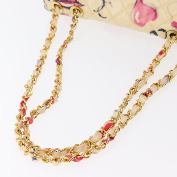 CHANEL Matelasse 34 Chain Shoulder Bag Vinyl coating Beige Gold CC Auth 145579V