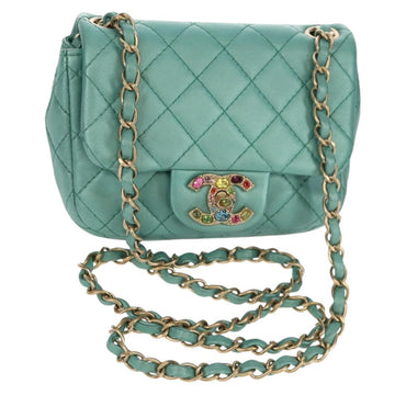 CHANEL Matelasse 17 Chain Bag Lamb Skin Turquoise Blue Gold CC Auth 145584AV