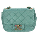 CHANEL Matelasse 17 Chain Bag Lamb Skin Turquoise Blue Gold CC Auth 145584AV-13