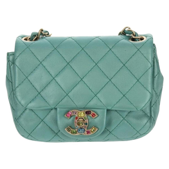 CHANEL Matelasse 17 Chain Bag Lamb Skin Turquoise Blue Gold CC Auth 145584AV