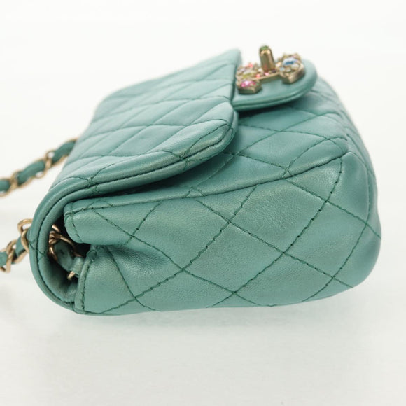 CHANEL Matelasse 17 Chain Bag Lamb Skin Turquoise Blue Gold CC Auth 145584AV