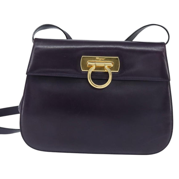 Salvatore Ferragamo Gancini Shoulder Bag Leather Navy Gold Auth 145622