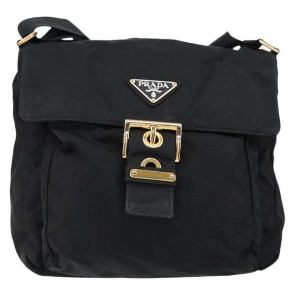 PRADA Shoulder Bag Nylon Black Gold Auth 145625