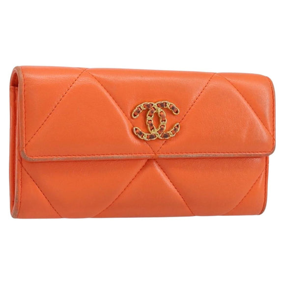 CHANEL Matelasse Long Wallet Lamb Skin Orange Gold CC Auth 145630