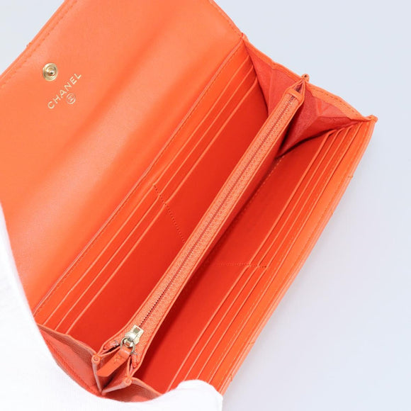 CHANEL Matelasse Long Wallet Lamb Skin Orange Gold CC Auth 145630