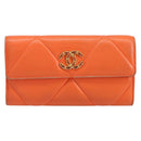 CHANEL Matelasse Long Wallet Lamb Skin Orange Gold CC Auth 145630-13