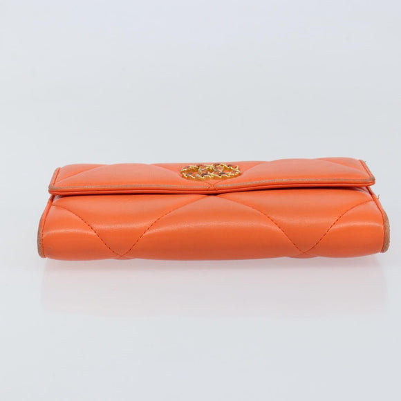 CHANEL Matelasse Long Wallet Lamb Skin Orange Gold CC Auth 145630