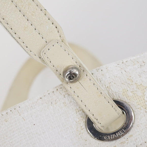 CHANEL Paris Biarritz MM Tote Bag Coated Canvas White Silver CC Auth 145693