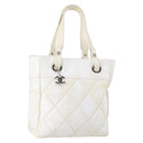 CHANEL Paris Biarritz MM Tote Bag Coated Canvas White Silver CC Auth 145693-1