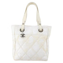 CHANEL Paris Biarritz MM Tote Bag Coated Canvas White Silver CC Auth 145693-13