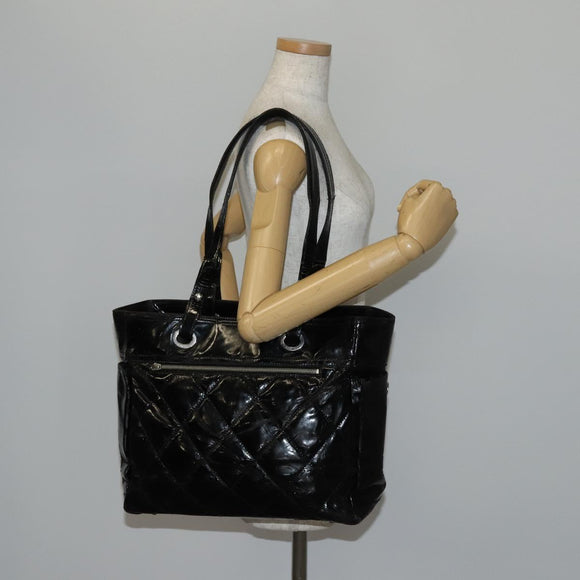 CHANEL Paris Biarritz GM Tote Bag Coated Canvas Black Silver CC Auth 145694