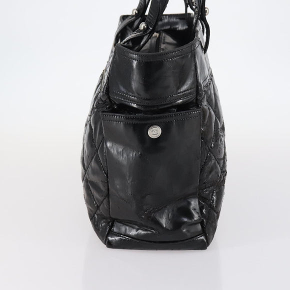 CHANEL Paris Biarritz GM Tote Bag Coated Canvas Black Silver CC Auth 145694