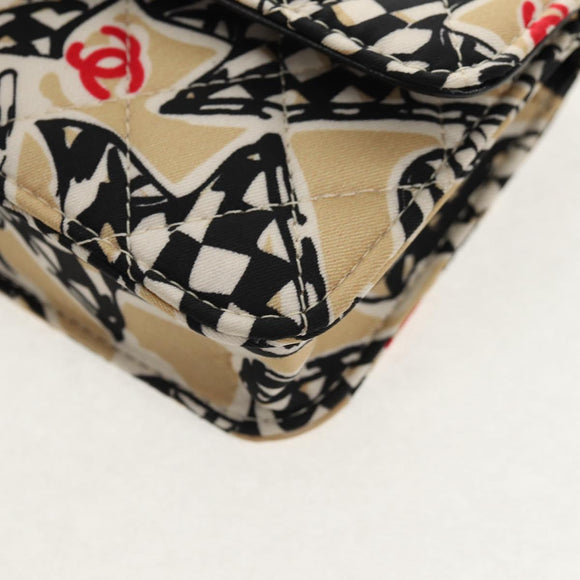 CHANEL Chain Checkered Flag Matelasse Bag Satin Beige Gold CC Auth 145708A