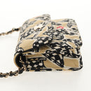 CHANEL Chain Checkered Flag Matelasse Bag Satin Beige Gold CC Auth 145708A-3
