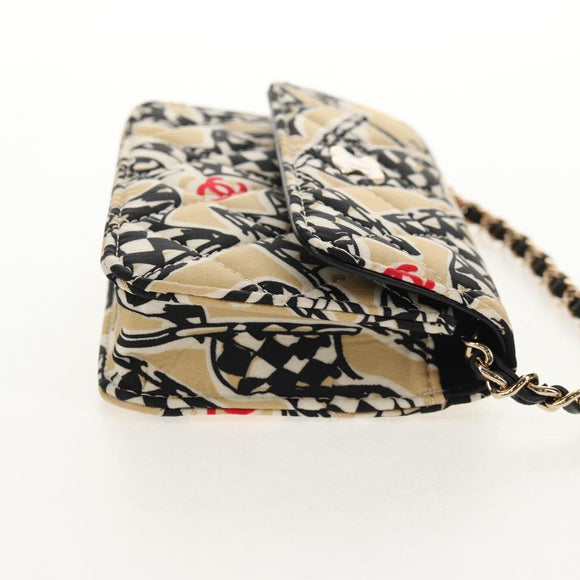 CHANEL Chain Checkered Flag Matelasse Bag Satin Beige Gold CC Auth 145708A