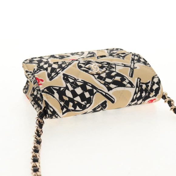 CHANEL Chain Checkered Flag Matelasse Bag Satin Beige Gold CC Auth 145708A